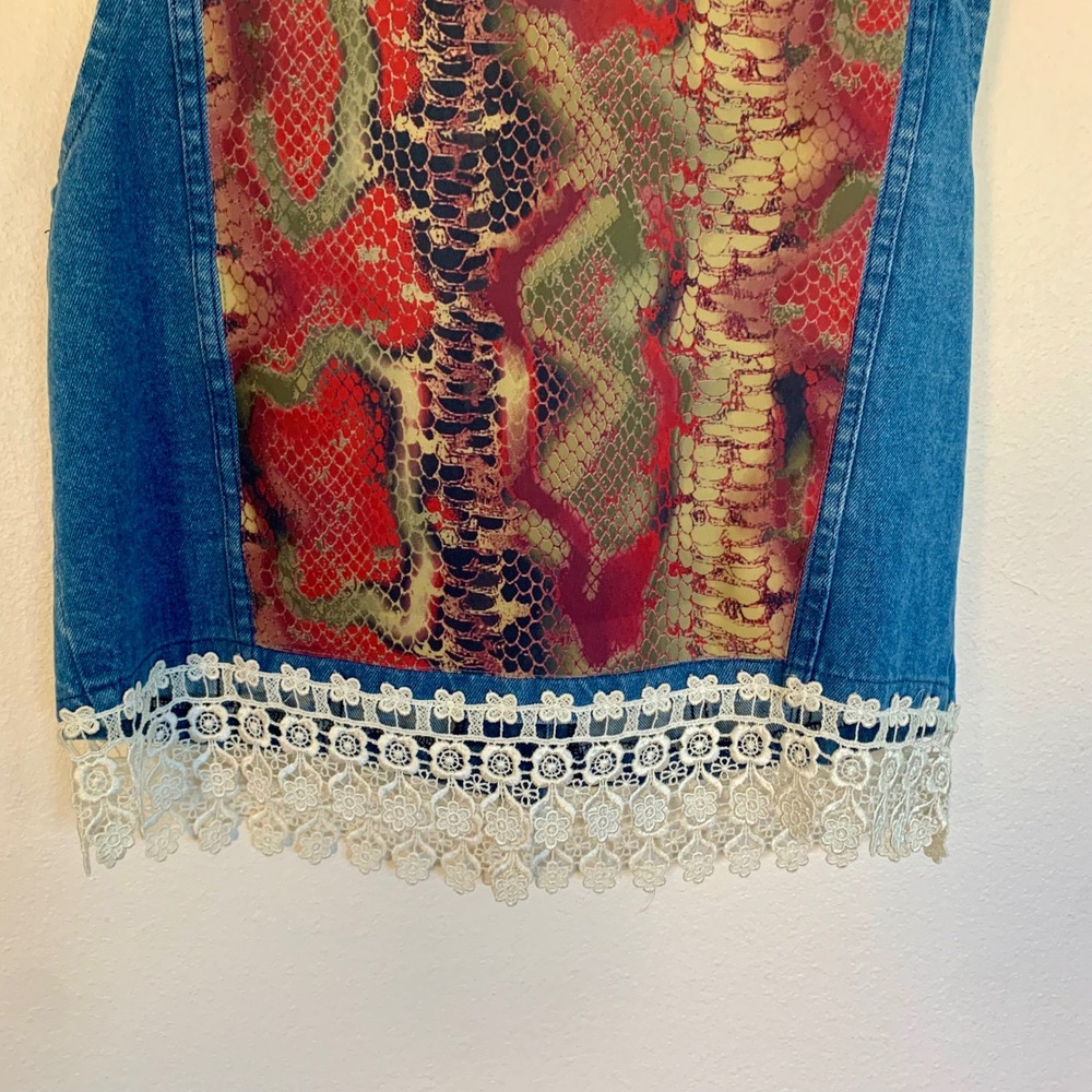 Designs by Julie Denim Vest Lace Trim Snakeskin Print USA Made Womens XL Vintage - Picture 6 of 7